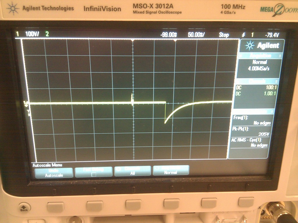 Oscilloscope screen showing high-voltage transients measured on channel 0 during DropBot initialization. Each vertical line represents 100V.